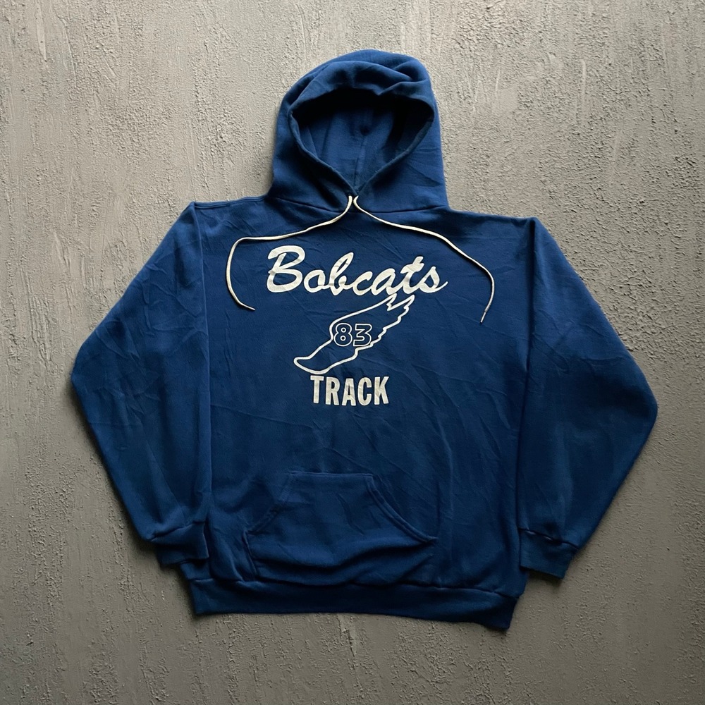 Vintage Bobcats Track Graphic Hoodie Mens Large Blue 80s Russell Athletic